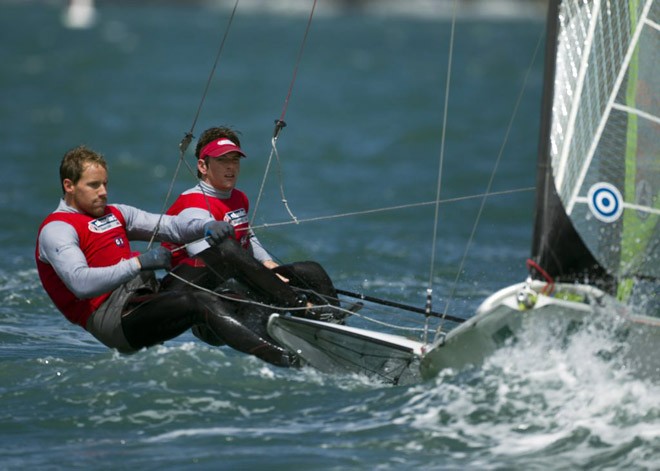 Dylan Fletcher and Alain Sign, (GBR) racing in the 49er class on day 6 of the Skandia Sail for Gold Regatta, in Weymouth and Portland, the 2012 Olympic venue &copy; onEdition http://www.onEdition.com